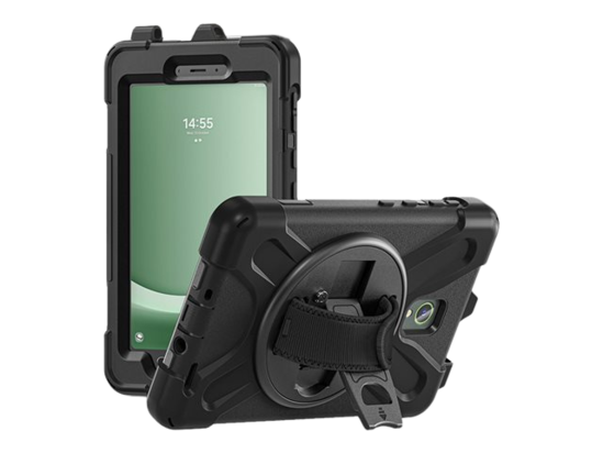 Coque renforcée avec bandoulière + poignée rotative + pied support